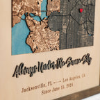 Custom square location map with raised 3D phrase, two personalized cities, date, and layered wooden map detail.