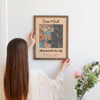 Custom square map being placed on the wall, personalized with two locations, names, date, and raised lettering.