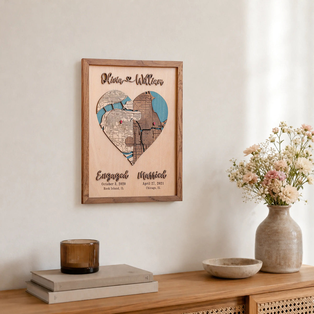 Custom wedding map wall decor with two meaningful locations, raised 3D lettering, and Early American frame.