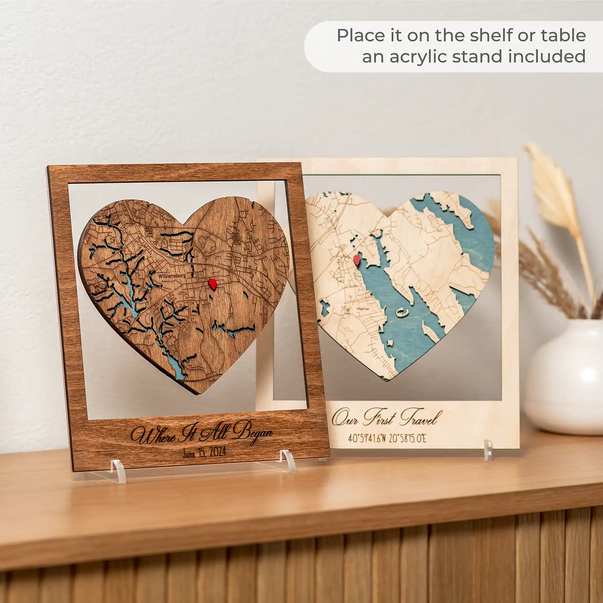 Personalized Where It All Began map displayed with matching custom milestone map on shelf