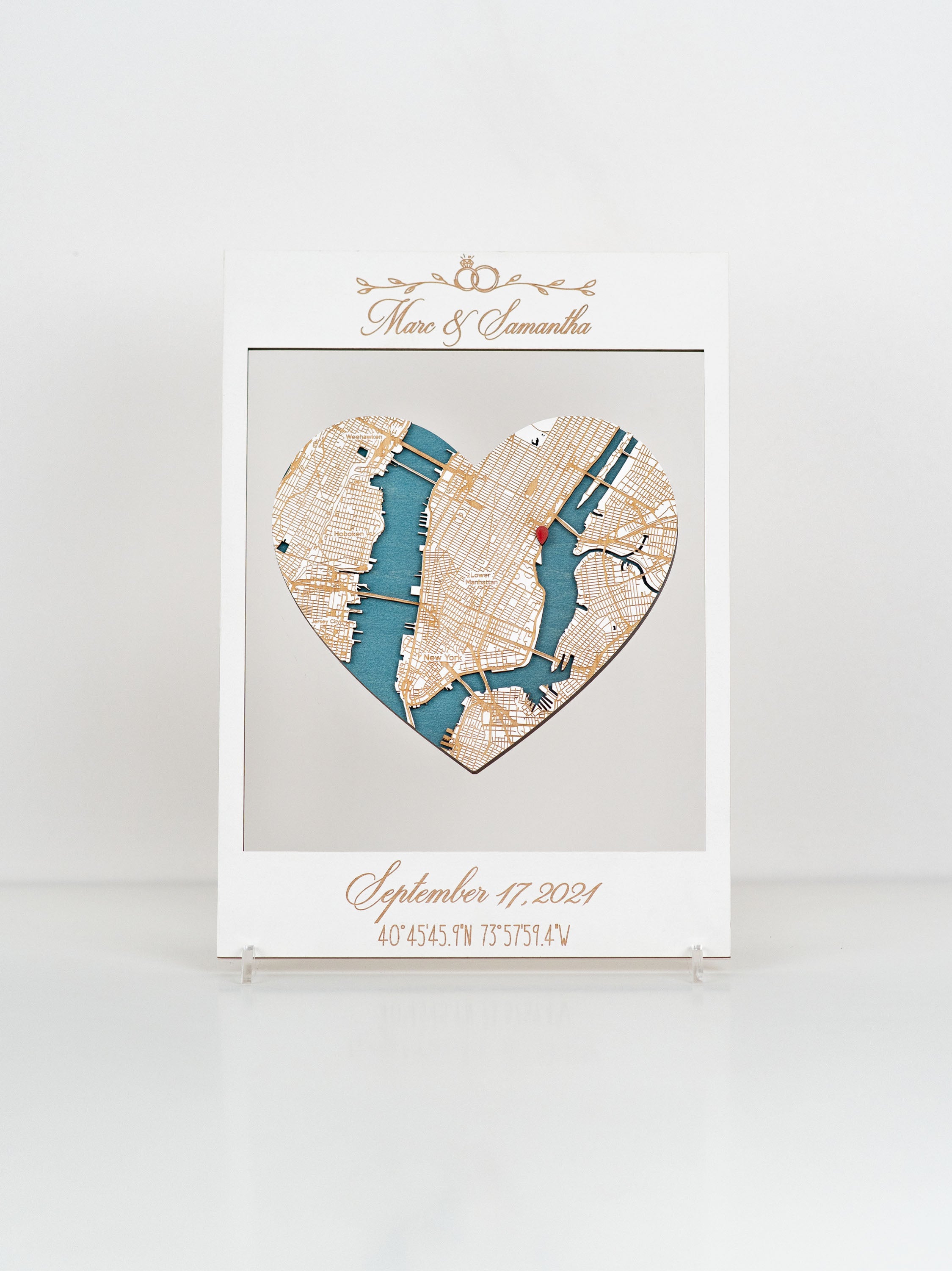 Custom framed map artwork with heart shape, custom names wedding date and coordinates.