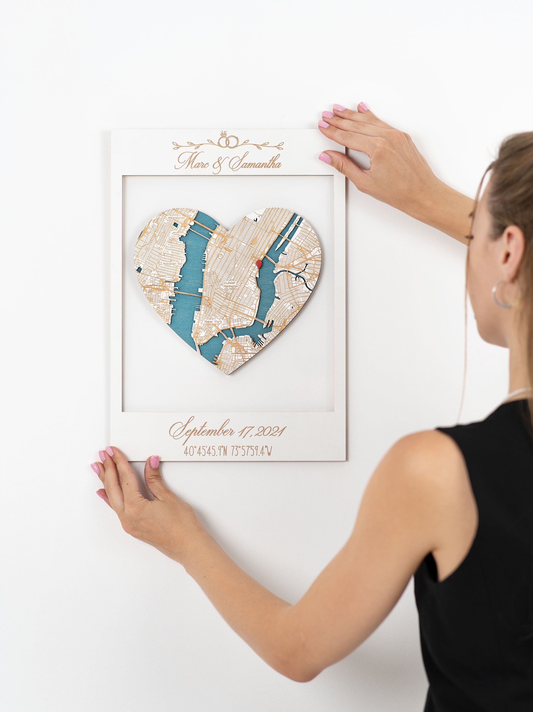 Custom framed map artwork with heart shape, custom names wedding date and coordinates.