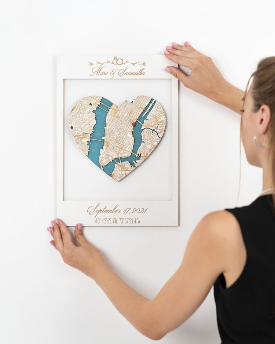 Custom framed map artwork with heart shape, custom names wedding date and coordinates.