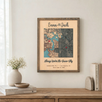 Personalized square map wall decor in grey frame with custom two-location map and raised 3D wooden phrase.