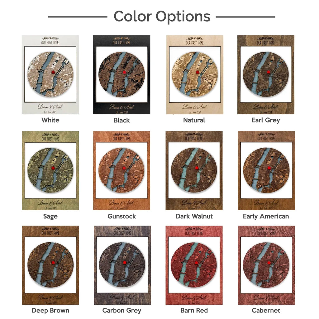 First Home map color options for personalized wooden framed city map housewarming gift