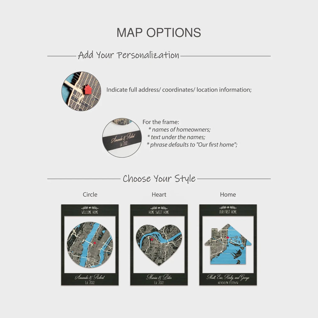 First Home map personalization options showing address details and circle heart or house map styles