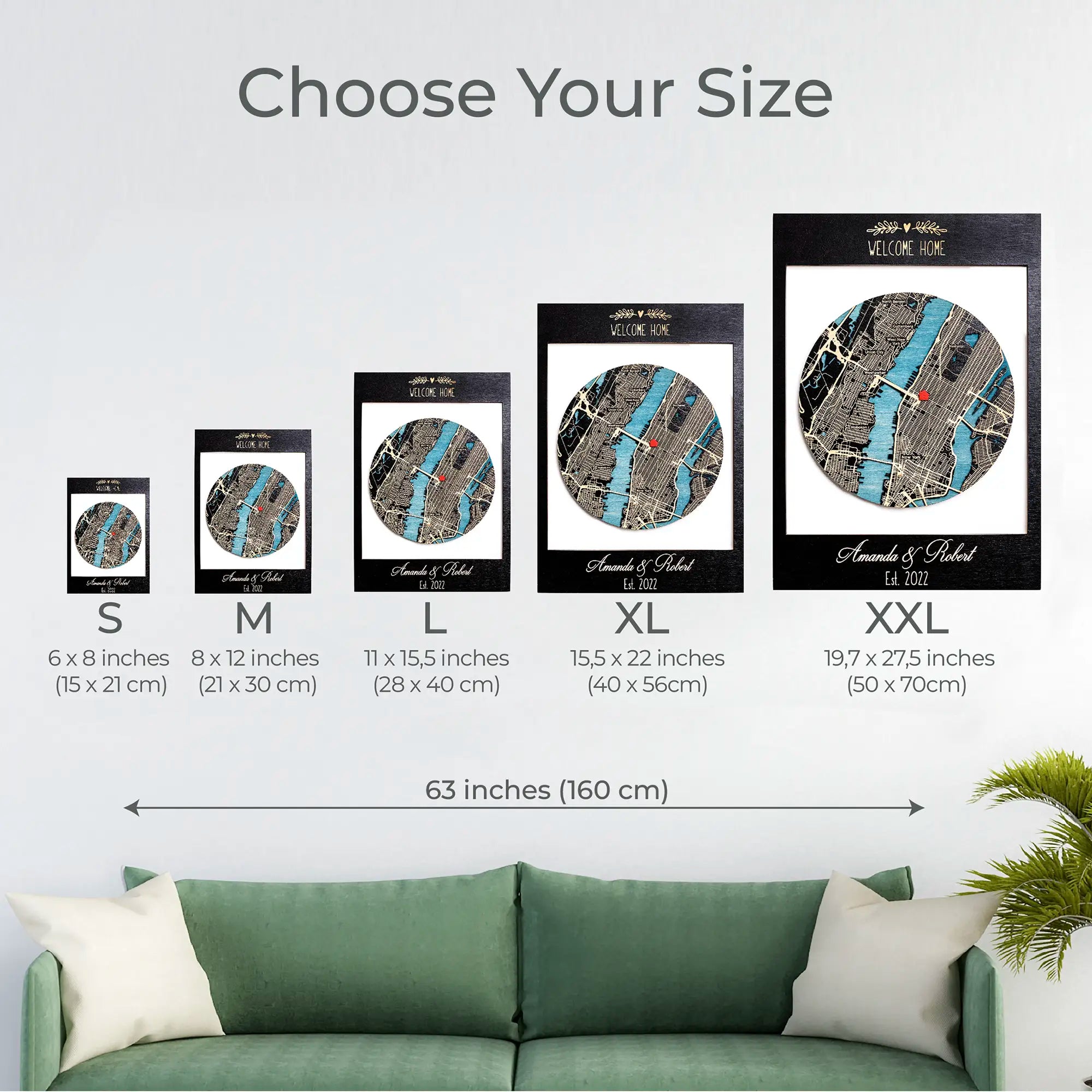 First Home map size guide showing small medium large XL and XXL personalized wall art options