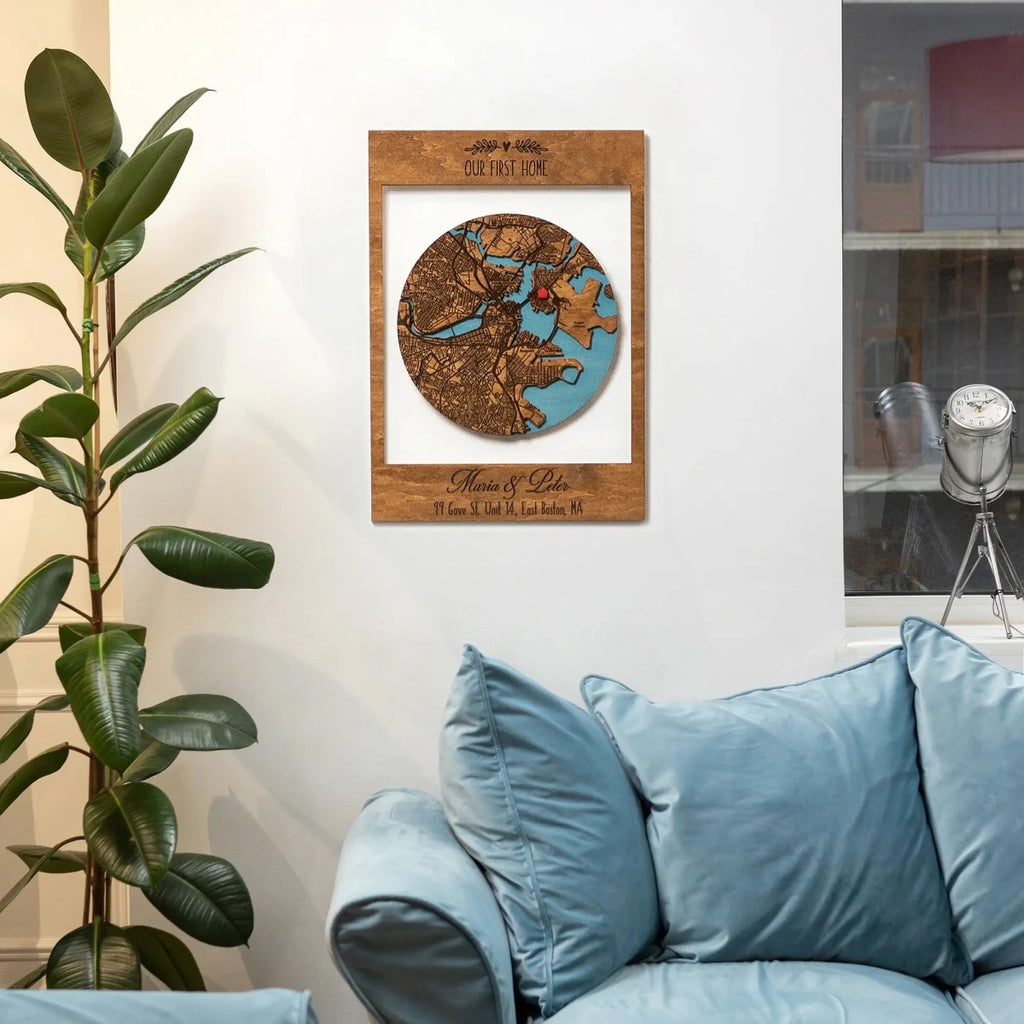 Personalized First Home map hanging on wall as custom wooden housewarming gift decor