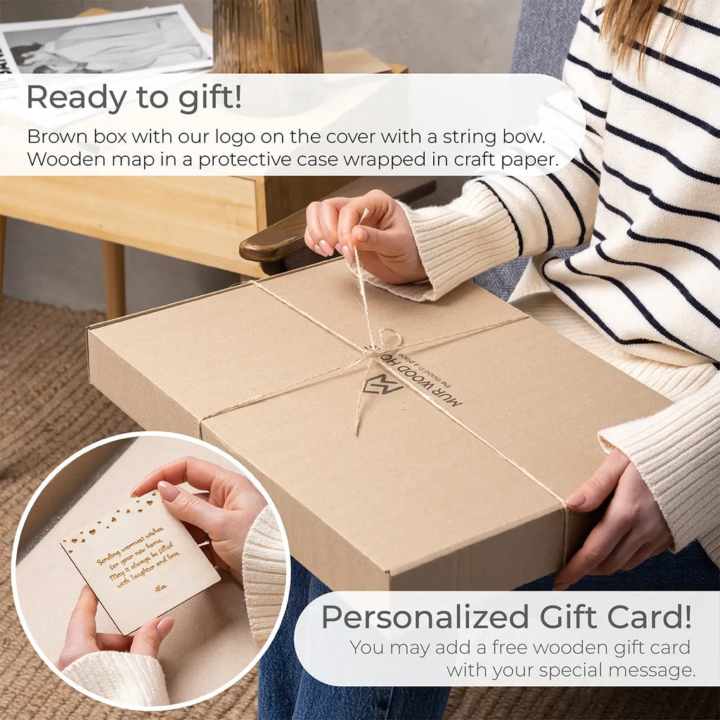 Gift-ready packaging for personalized wood map frame in branded box with string bow and optional personalized gift card