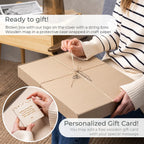 Gift-ready packaging for personalized wood map frame in branded box with string bow and optional personalized gift card
