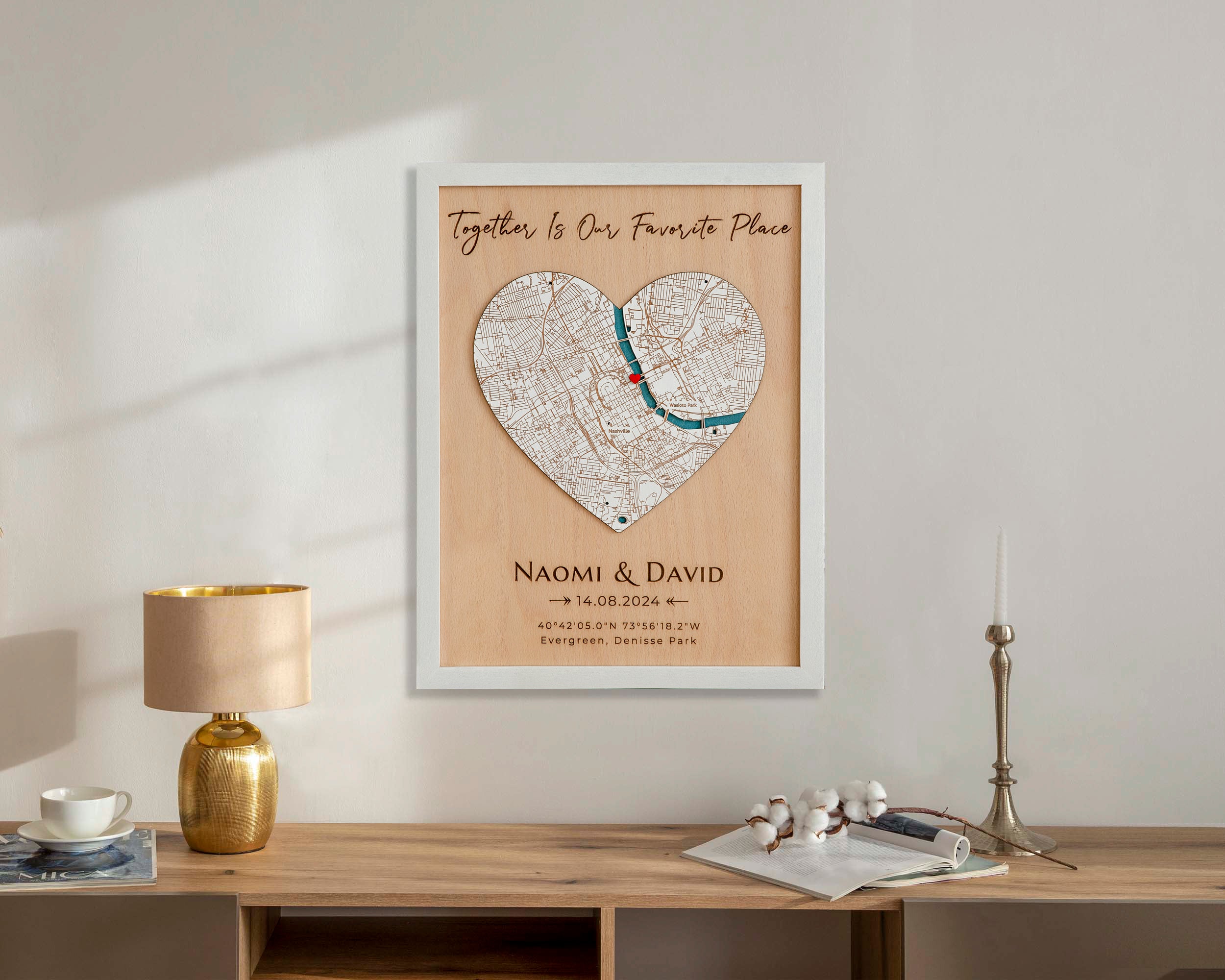Empty wall vs decorated wall comparison using custom 3D wooden map art for couples.
