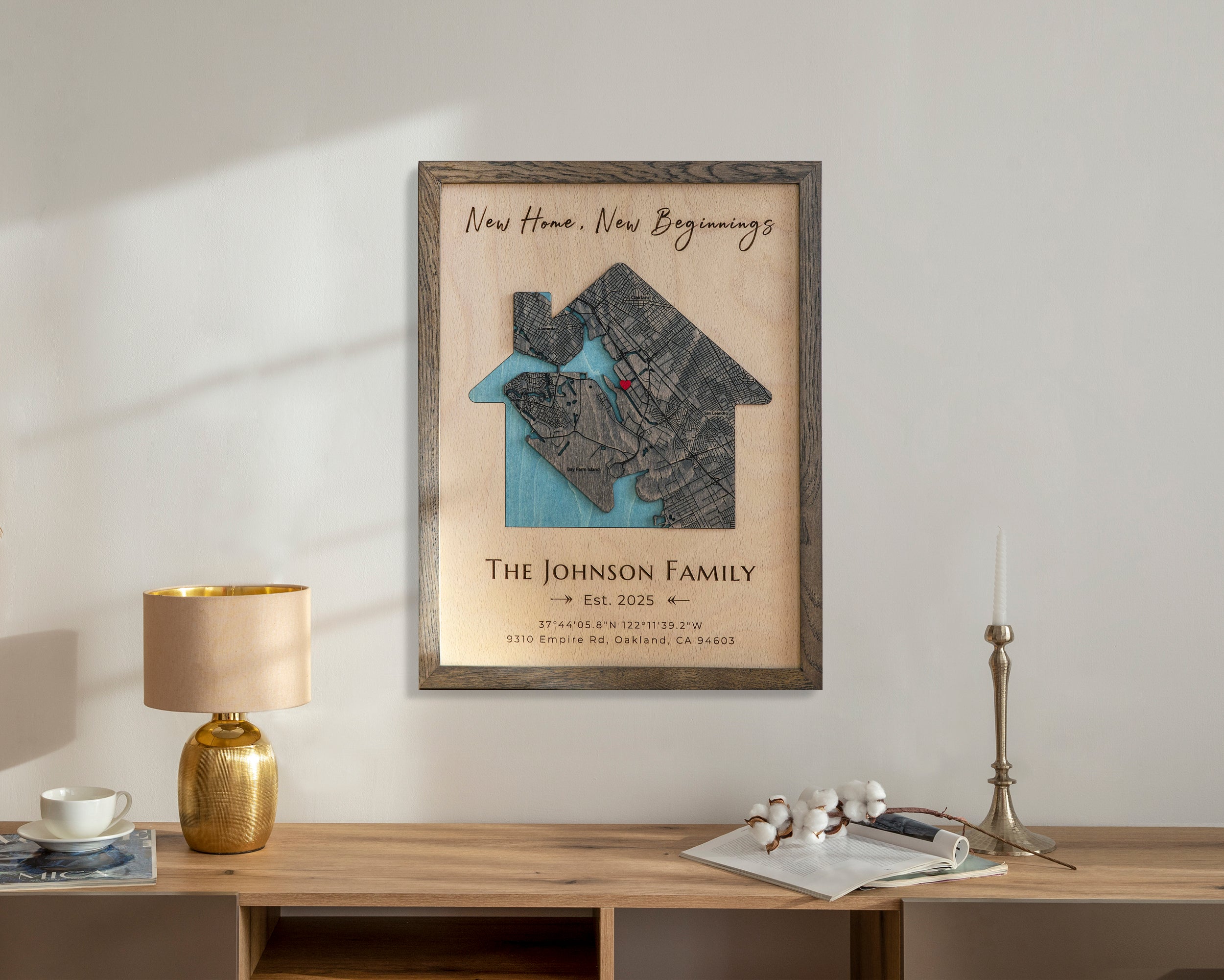 Framed artwork with design New Home New Beginnings personalized 3D wooden map