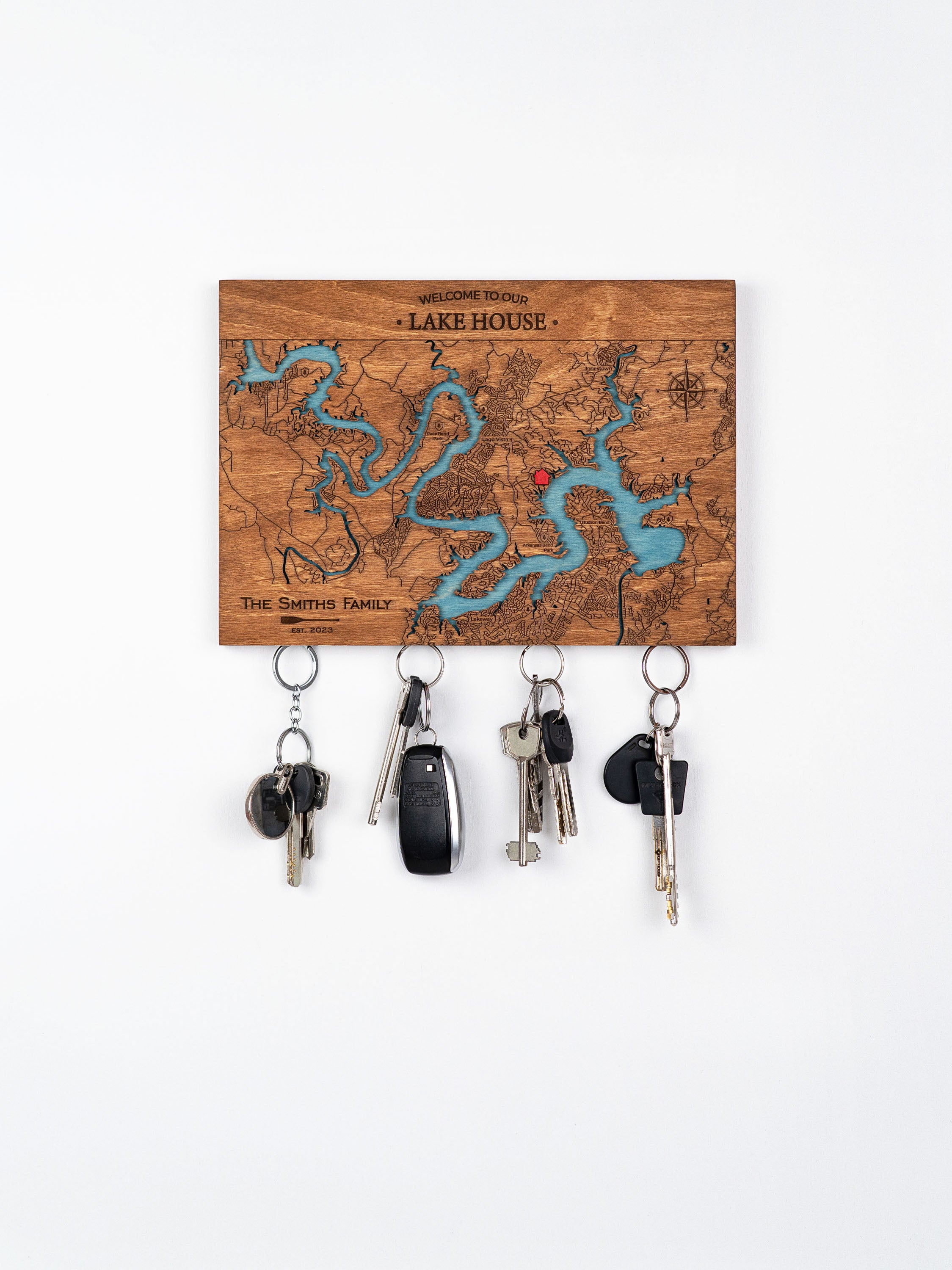 Wooden Lake Map Keyholder for Wall