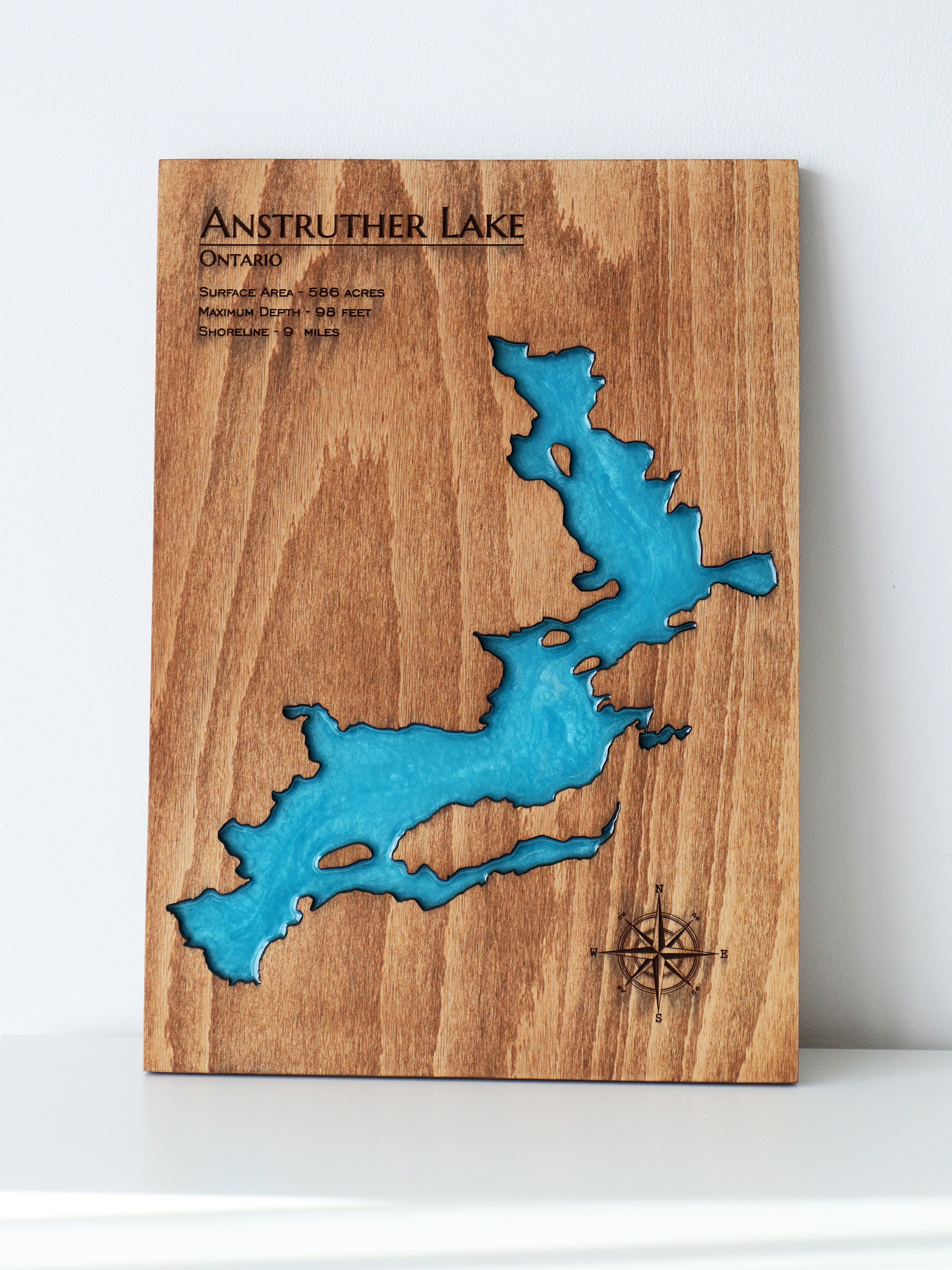 Anstruther Lake map with wooden and epoxy resin lake