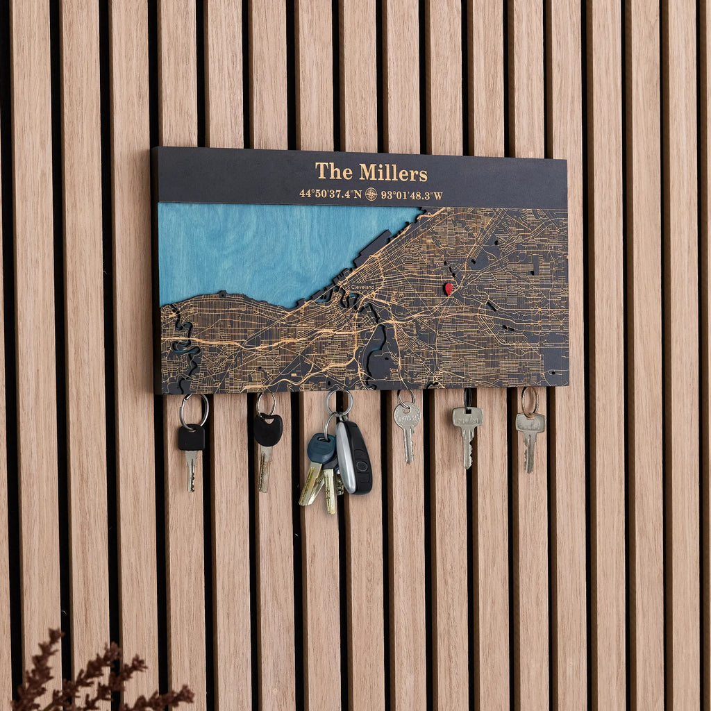 Wooden magnetic key holder for wall in black finish with custom coordinates and hanging keys