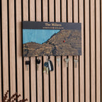 Wooden magnetic key holder for wall in black finish with custom coordinates and hanging keys