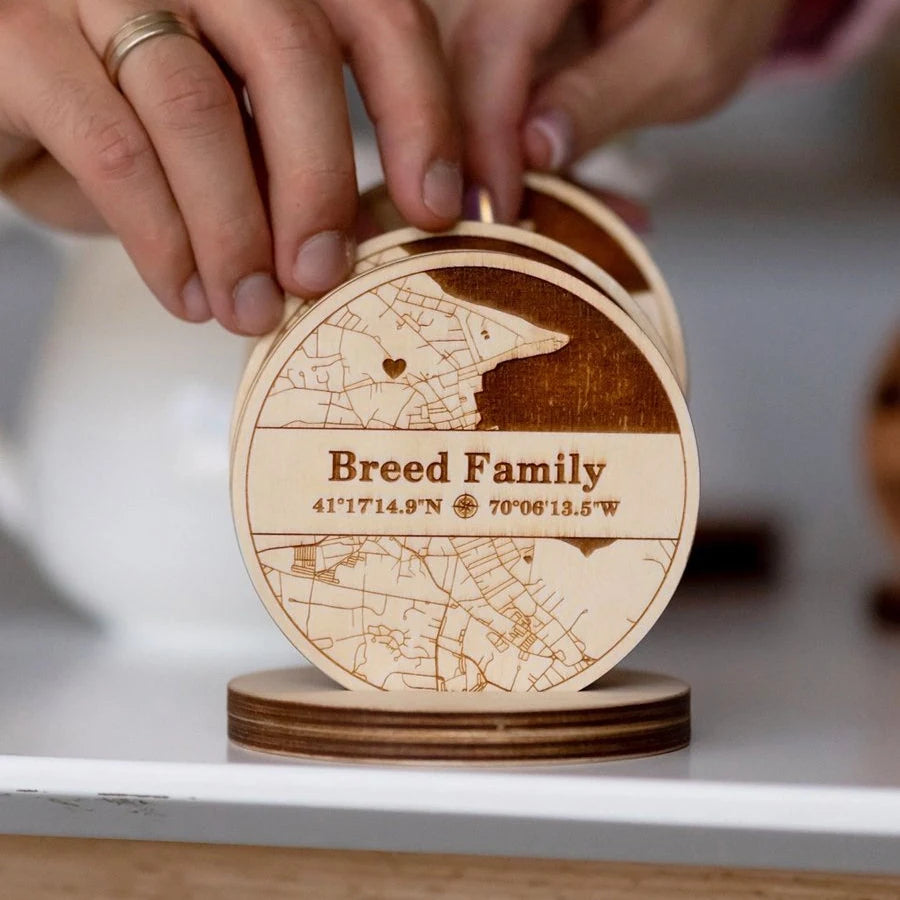 Personalized wooden map drink coasters