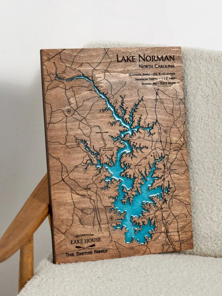Personalized Lake Norman wooden map with blue epoxy waterways