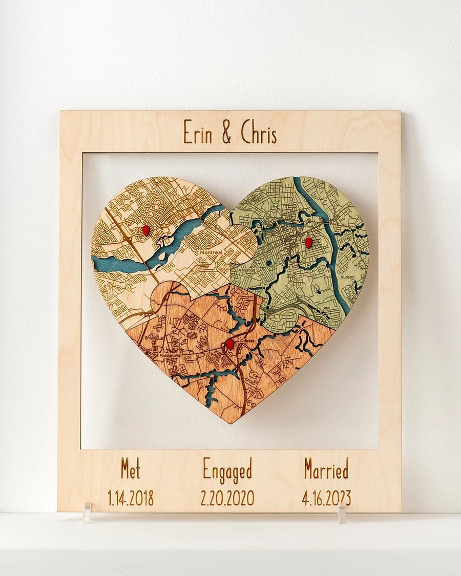 Personalized wooden heart map celebrating three meaningful locations