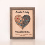 Personalized 3D wooden map in grey frame with heart-shaped custom location map, names, date, and raised phrase.
