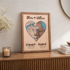 Personalized couple milestone map displayed on a wooden shelf with engaged and married locations in a natural wood frame.