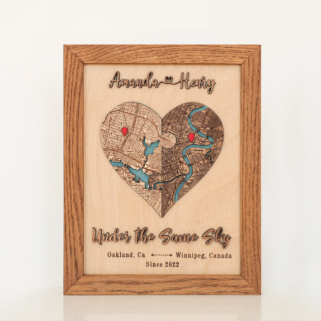 Personalized heart map in Early American frame with custom locations, couple names, date, and romantic phrase.