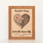 Personalized heart map in Early American frame with custom locations, couple names, date, and romantic phrase.