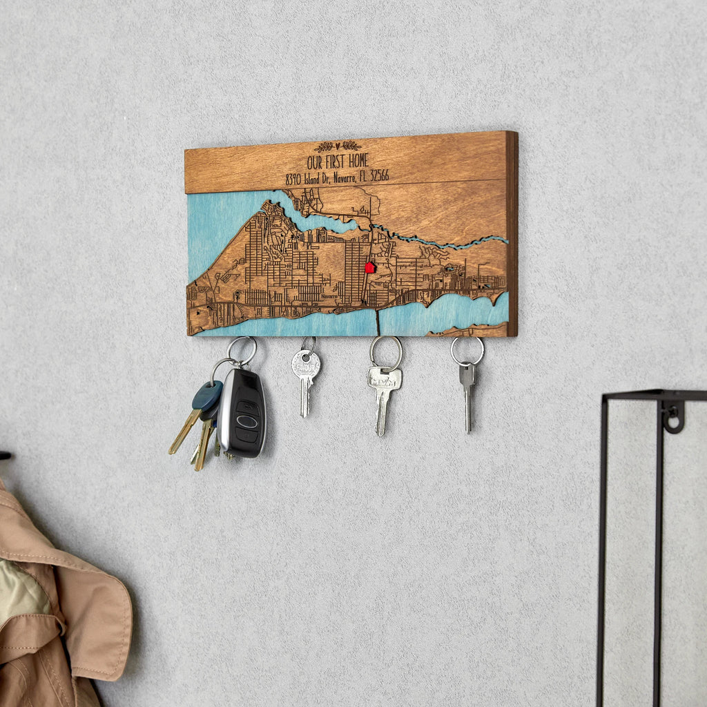 Personalized wooden key rack for wall with first home map design and hanging keys