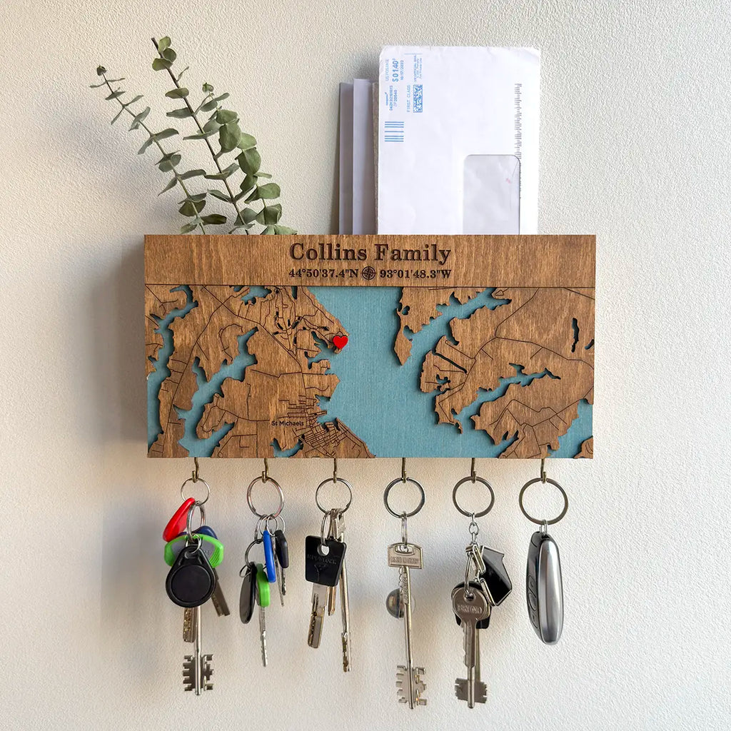 Personalized wooden key holder with shelf custom engraving styles, family name, coordinates or welcome home design options for wall key organizer
