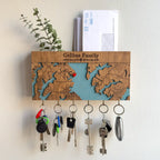 Personalized wooden key holder with shelf custom engraving styles, family name, coordinates or welcome home design options for wall key organizer