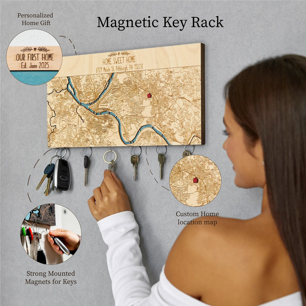 Feature infographic for wooden key holder for wall with personalized map design and strong mounted magnets