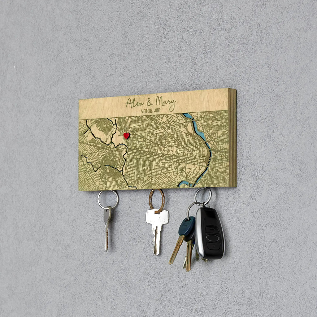 Wooden key holder for wall in sage finish with personalized map design and hanging keys