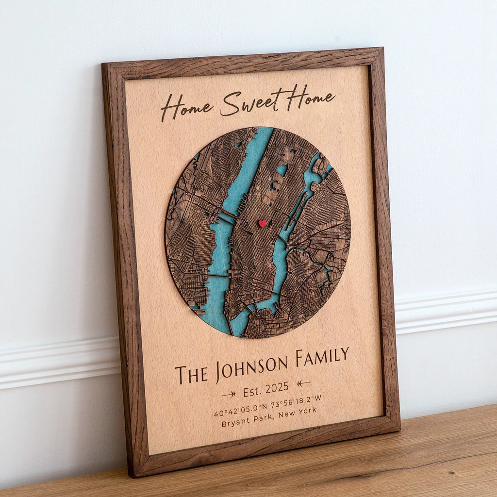 Personalized new home gift framed address map with Home Sweet Home text custom family name and coordinates