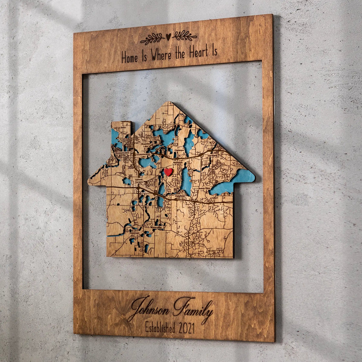 Personalized new home gift framed address map with house-shaped wooden design in open frame, custom housewarming wall art for family home