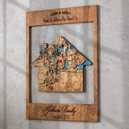 Personalized new home gift framed address map with house-shaped wooden design in open frame, custom housewarming wall art for family home