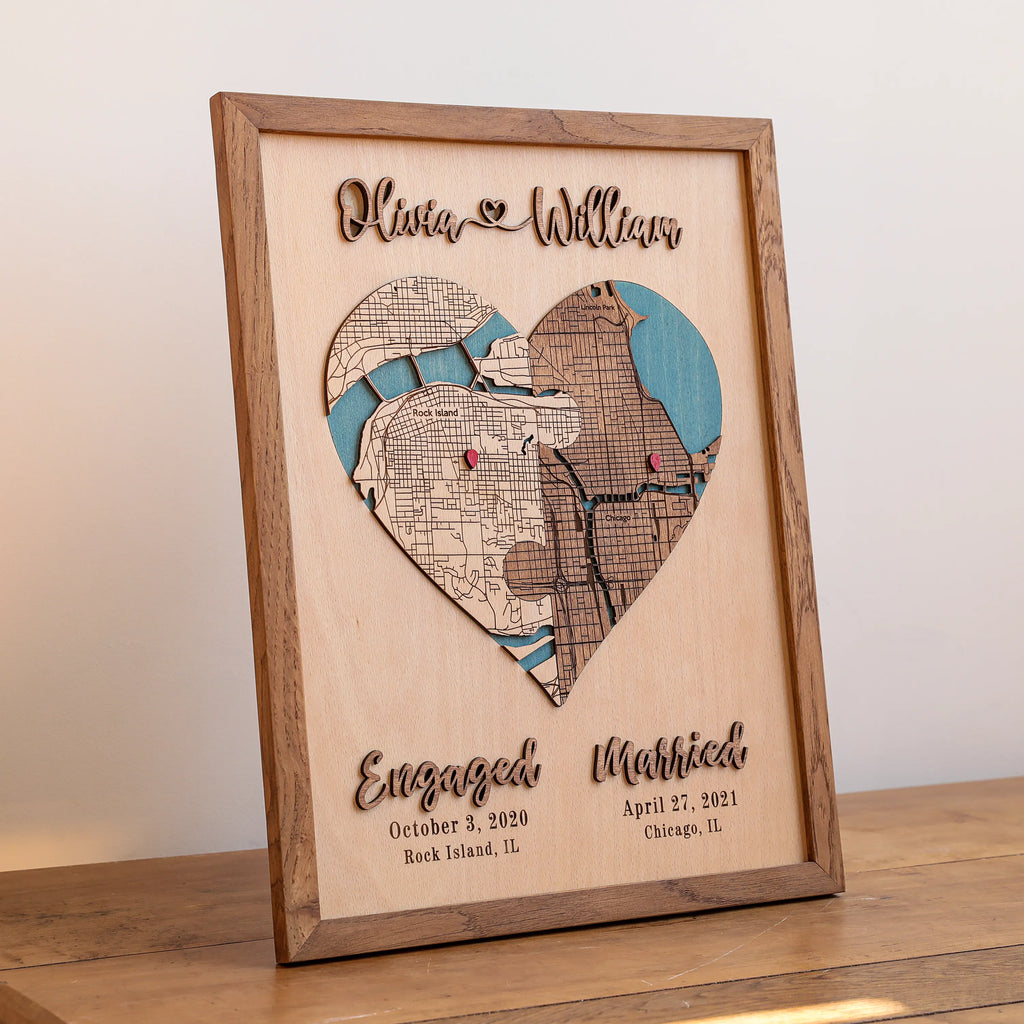 Personalized wedding map gift in Early American wood frame with heart-shaped custom locations, engaged and married dates.