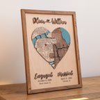 Personalized wedding map gift in Early American wood frame with heart-shaped custom locations, engaged and married dates.