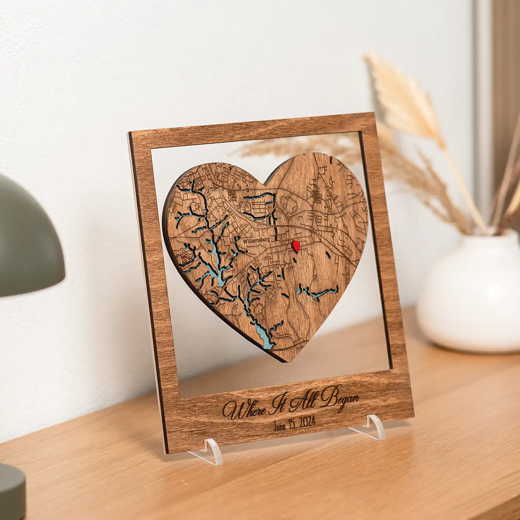Personalized Where It All Began coordinates map in wooden frame with heart-shaped city map