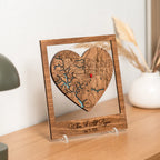Personalized Where It All Began coordinates map in wooden frame with heart-shaped city map