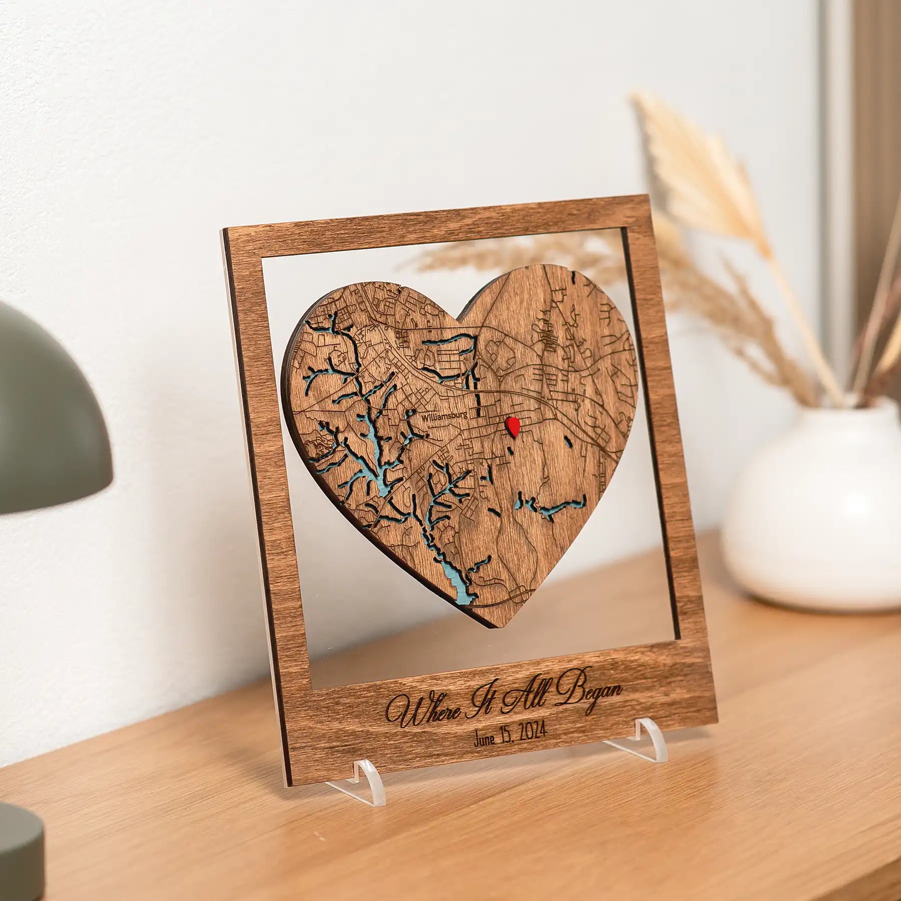 Personalized Where It All Began coordinates map in wooden frame with heart-shaped city map