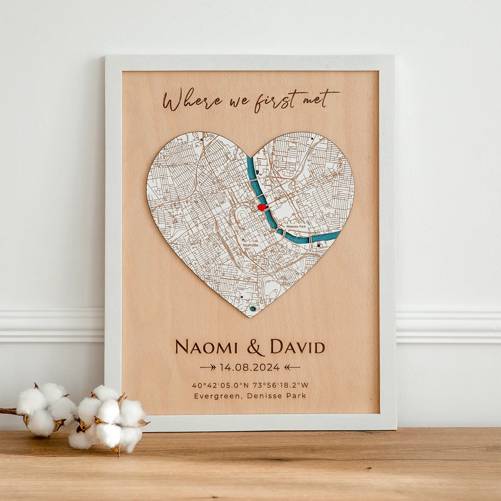 Personalized Where We Met plaque map in white frame with names date and custom location