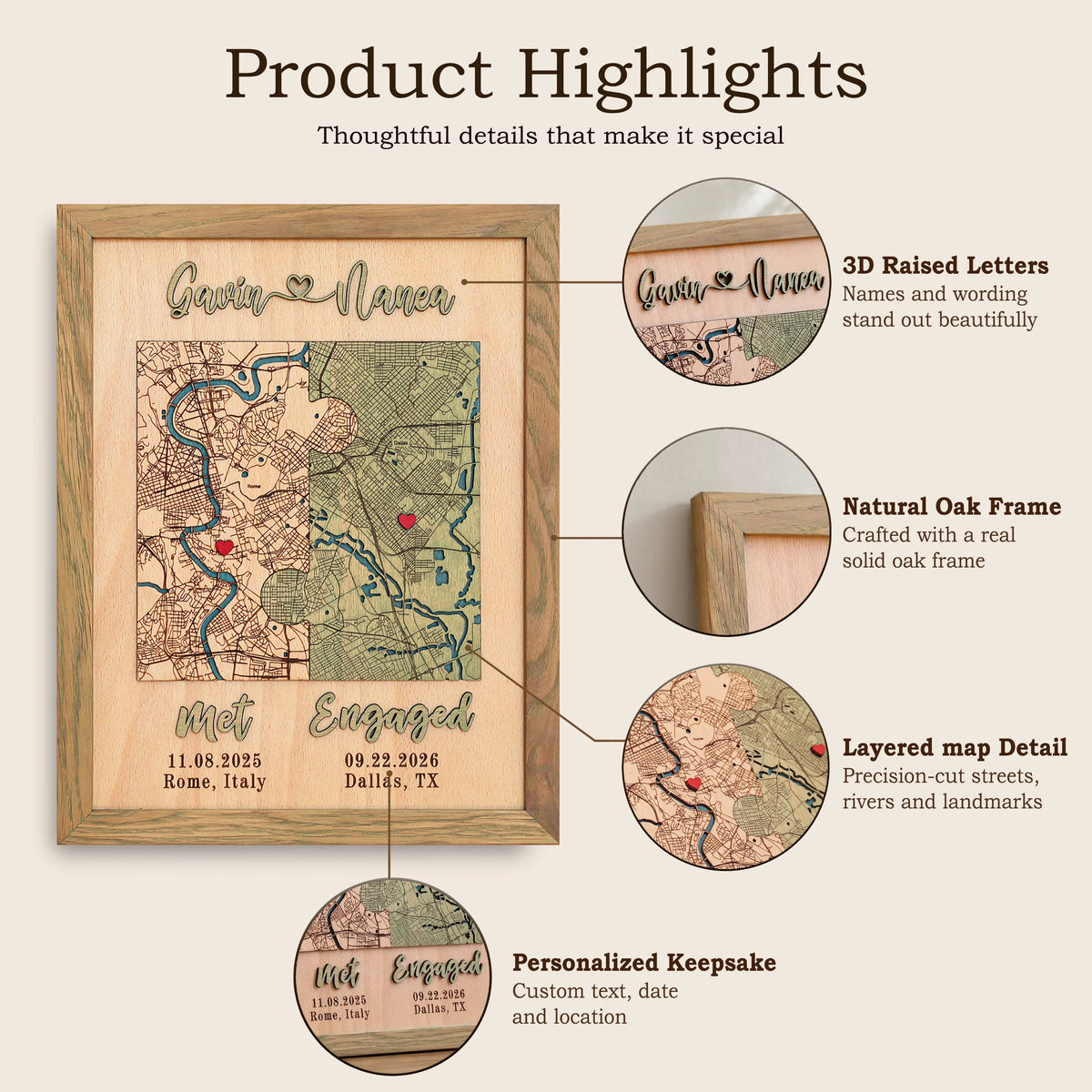 Personalized wooden couple map with raised 3D letters, natural oak frame, layered map details, and custom locations.