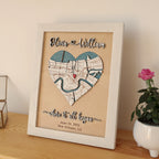 Personalized wooden heart map anniversary gift for couple, featuring custom New Orleans location, names, date, and white framed 3D wall art display