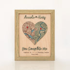 Personalized wooden love story map in sage frame with heart-shaped custom locations, raised 3D names, and romantic phrase.