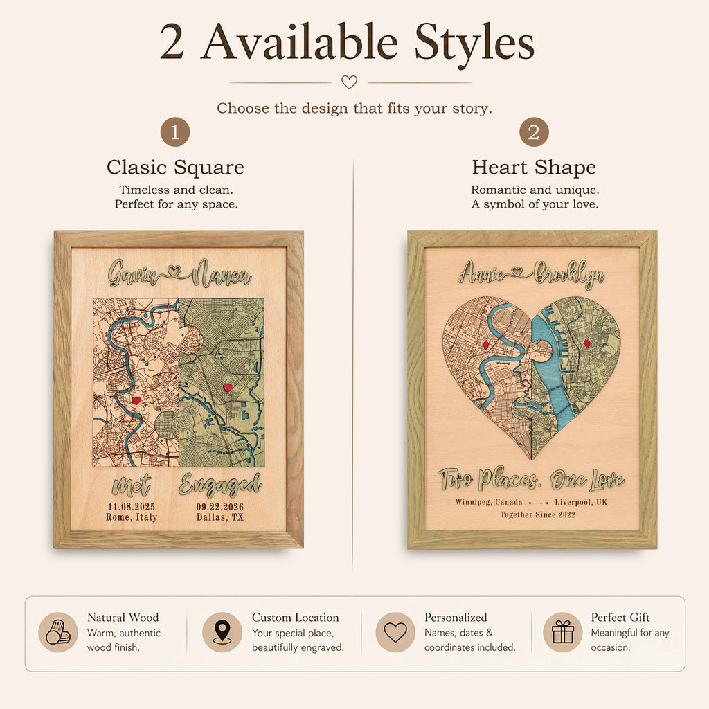 Personalized wooden map available in classic square and heart shape styles for a custom couple keepsake.