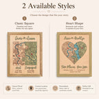 Personalized wooden map available in classic square and heart shape styles for a custom couple keepsake.