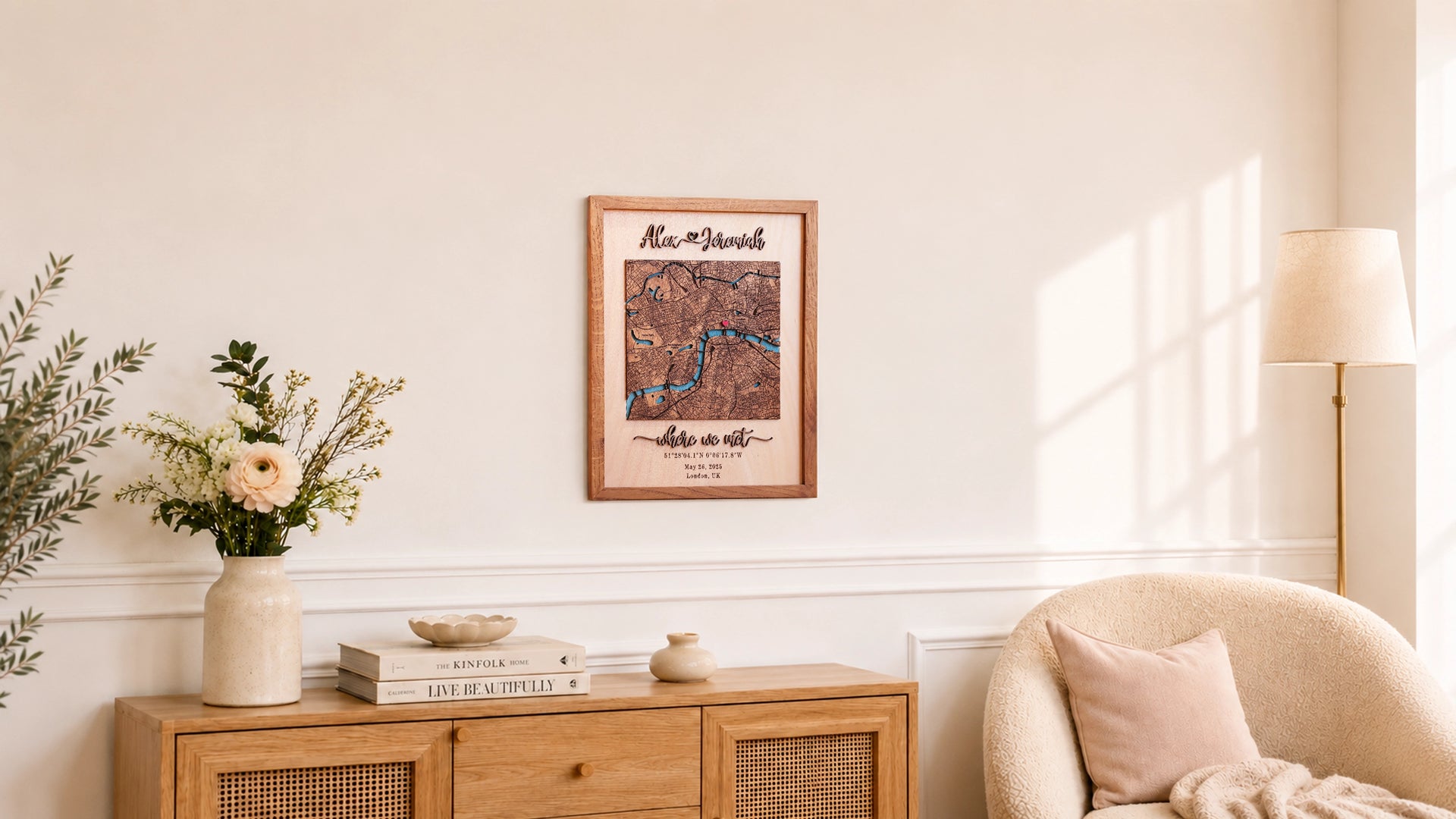 Personalized where we met wooden map displayed as romantic wall decor in a modern living room