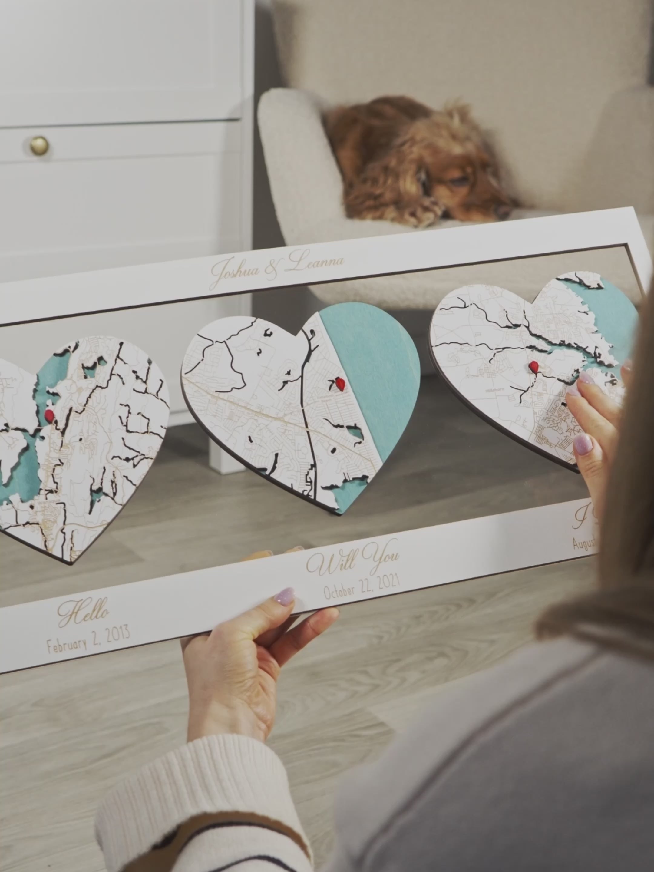 Met, Engaged, Married Map: 3D Wooden Map for Three Locations Hearts