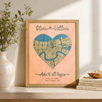 Romantic anniversary map for her with heart-shaped 3D wooden New Orleans location map, raised laser-cut names, custom date, Where It All Began wording, and sage oak frame.