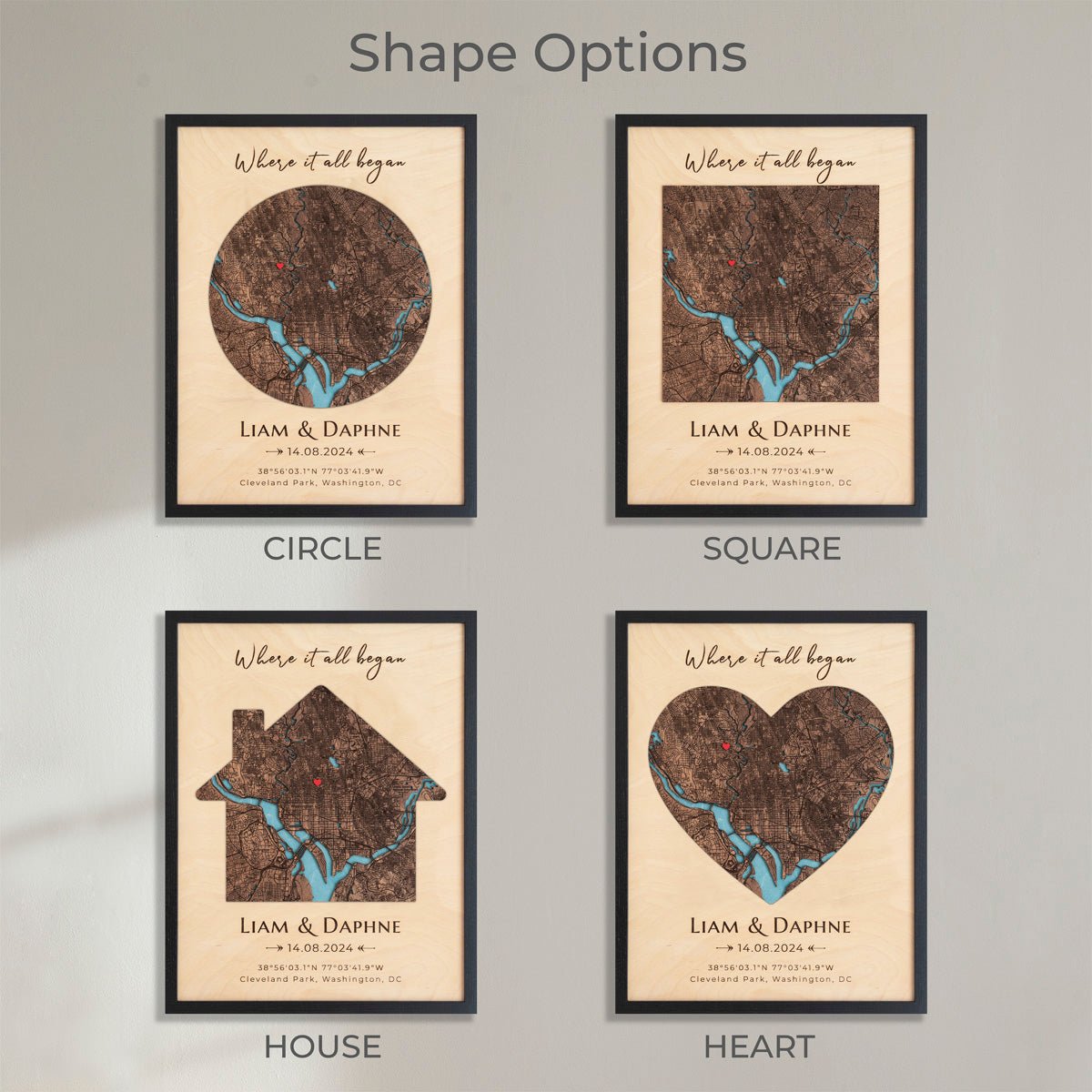 Custom wooden map available in heart circle square and house shapes